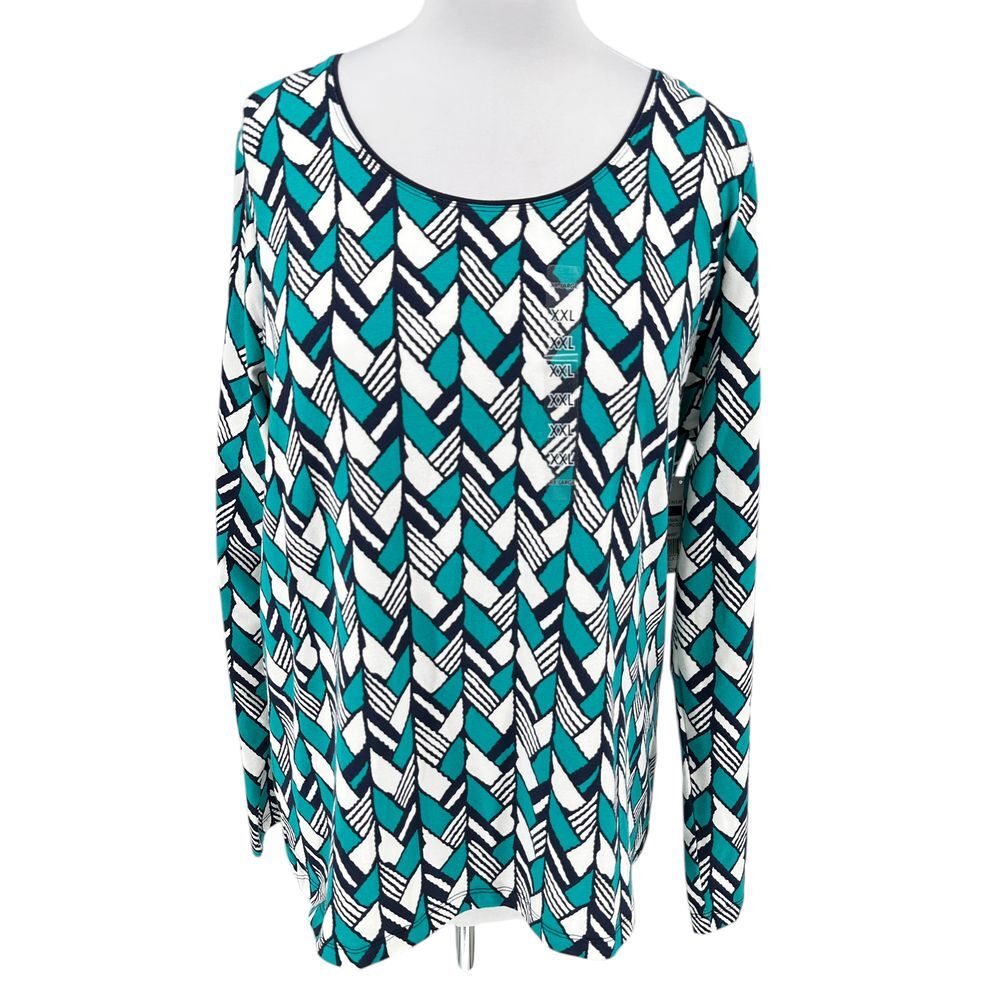 Kim Rogers Turquoise Geometric Print Long‎ Sleeve Stretch Top Blouse XXL